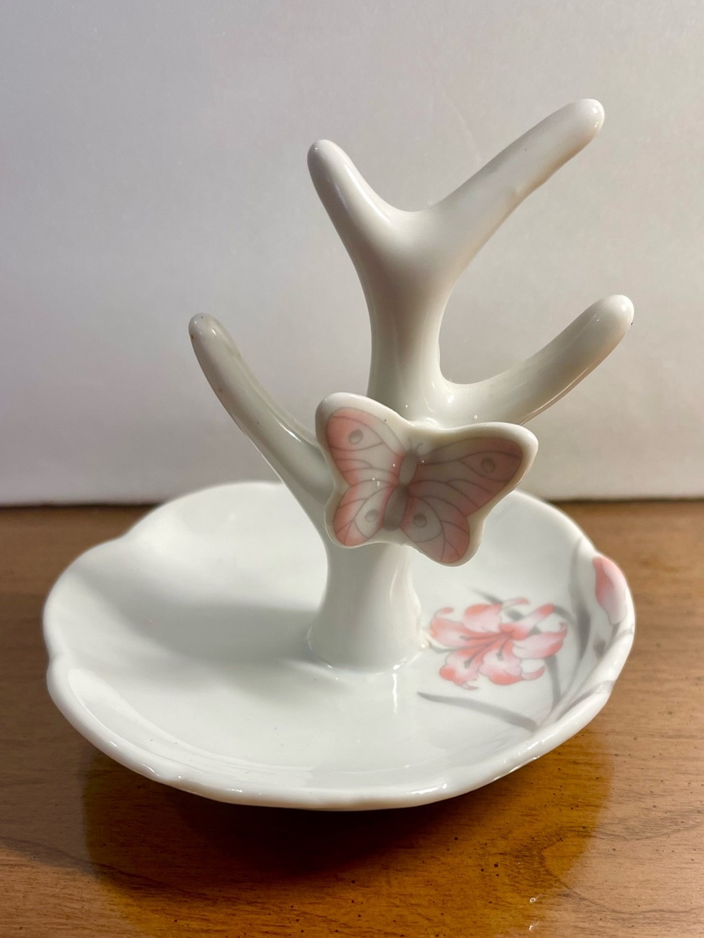 Vintage Porcelain Butterfly and Floral Jewelry Tree Ring Holder